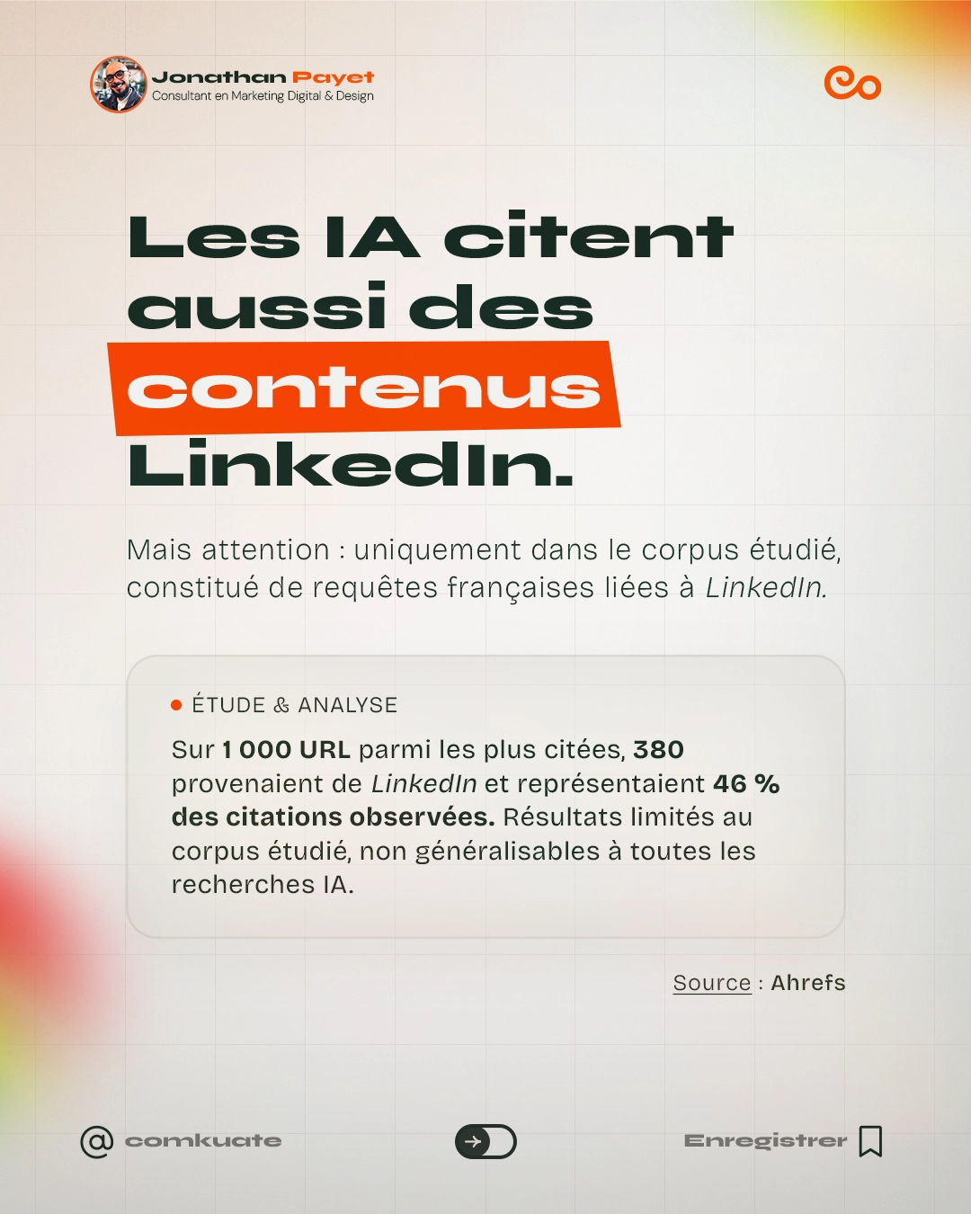Les IA citent aussi des contenus LinkedIn. Mais attention : uniquement dans le corpus étudié, constitué de requêtes françaises liées à LinkedIn. ÉTUDE & ANALYSE : Sur 1 000 URL parmi les plus citées, 380 provenaient de LinkedIn et représentaient 46 % des citations observées. Résultats limités au corpus étudié, non généralisables à toutes les recherches IA. Source : Ahrefs