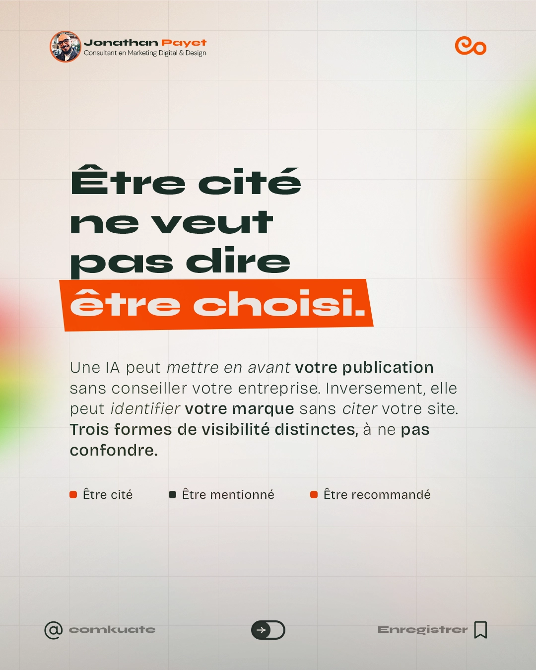 Être cité ne veut pas dire être choisi. Une IA peut mettre en avant votre publication sans conseiller votre entreprise. Inversement, elle peut identifier votre marque sans citer votre site. Trois formes de visibilité distinctes, à ne pas confondre. Être cité, Être mentionné, Être recommandé