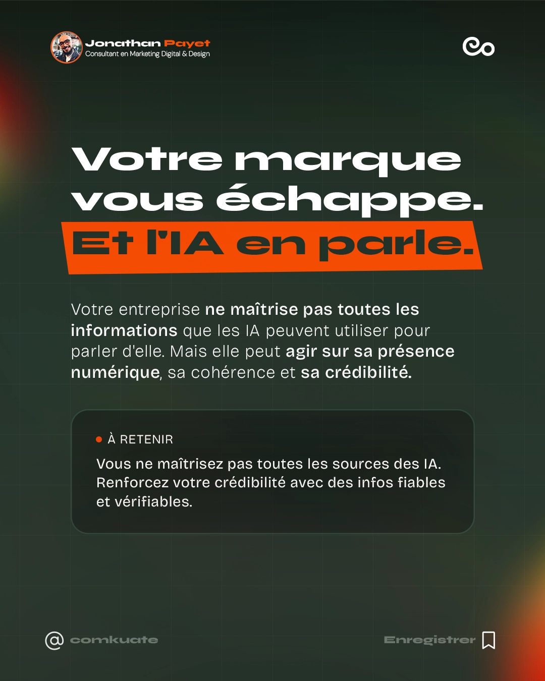 Votre marque vous échappe. Et l'IA en parle. Votre entreprise ne maîtrise pas toutes les informations que les IA peuvent utiliser pour parler d'elle. Mais elle peut agir sur sa présence numérique, sa cohérence et sa crédibilité. À RETENIR : Vous ne maîtrisez pas toutes les sources des IA. Renforcez votre crédibilité avec des infos fiables et vérifiables.