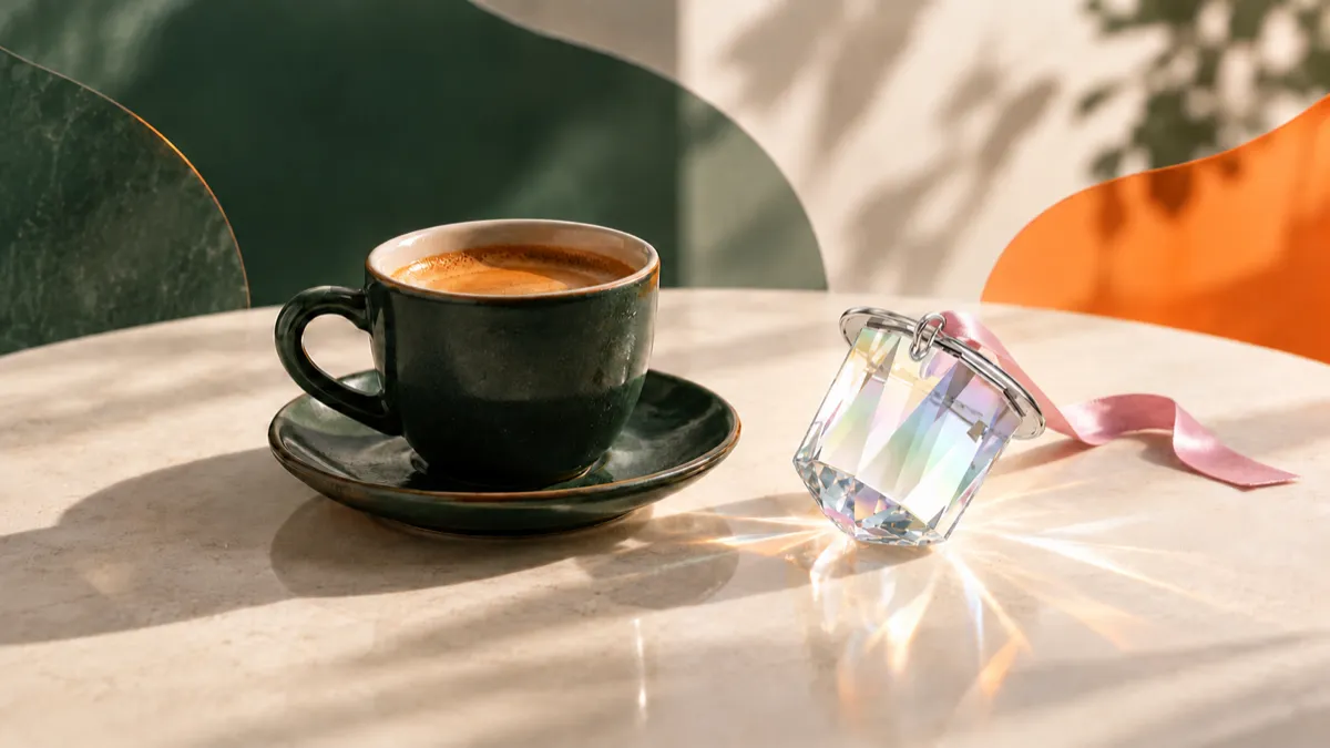 Illustration : une tasse de café vert foncé sur sa soucoupe, posée sur une table claire au soleil, à côté d'un ornement en cristal facetté en forme de capsule, relié à un ruban rose.